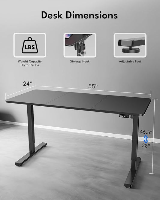 Standing Desk, Height Adjustable Electric Stand up Desk, 55 x 24 Inches Sit Stand Home Office Desk with Splice Board, Black Frame/Black Top
