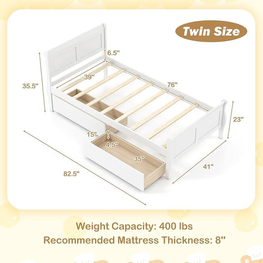 Giantex Twin Bed with 2 Storage Drawers, Wood Platform Bed with Headboard & Footboard, Wooden Slats Support Mattress Foundation, Twin Bed Frames for Kids Teens Adults, No Box Spring Needed (White)