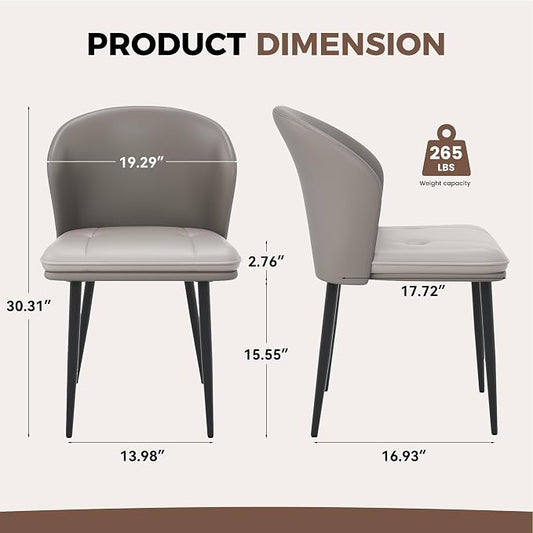 Modern Dining Chairs Set of 2, Faux Leather Upholstered Accent Chair with Metal Legs, Kitchen Side Chair with Comfortable Seat for Dining Room, Living Room, Bedroom, Light Grey