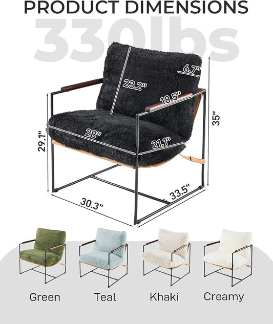 Karl home Modern Metal Frame Accent Chair, Black | Plush Fleece Upholstered, Wood Padded Armrest, 28" Seat Width, Comfy Lounge Armchair for Living Room, Bedroom, Apartment