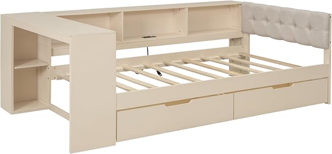 Ball & Cast Twin Size Wood L-shaped Daybed with Storage Shelves and Built-in Desk,Platform Bed w/Under-Bed Drawers & Charging Station,Upholstered Headboard,No Box Spring Needed,for Student Dorms,Cream