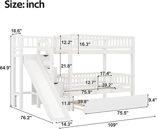Twin Over Twin Bunk Bed with Storage Staircase, Slide and Trundle,for Kids Teens Adults Bedroom Use (White-ST, Twin Over Twin)