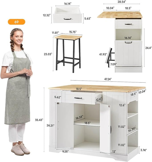 ONBRILL Stationary Kitchen Islands Include 2 Chairs, 47" Kitchen Island with Drop Leaf, Home Bar Table with Spice Rack & with Trash Cabinet, Island Table for Dining Room with Power Outlet, White