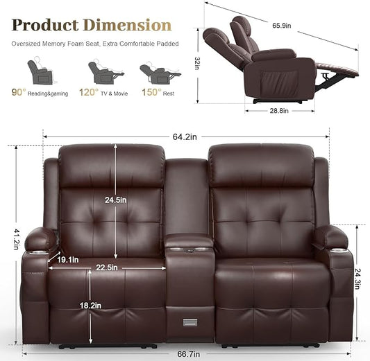 880LBS Capacity Big & Tall Reclining Loveseat, Massage Loveseat Recliner with Console, 90% Factory Pre-Built, Stainless Steel Footrest, USB-C/A Charging, Wall Hugger Design Sofa for Living Room & RV