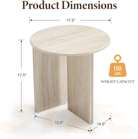 DUOMAY Wood Round Side Table Small Faux Marble Bedside Table 18" Modern End Table Natural Travertine Finish for Living Room, Bedroom, Sofa Side, Reception Room, Luxury Minimalist, Beige