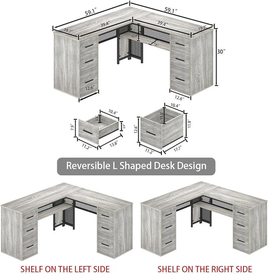 HSH Large L Shaped Desk with Storage File Cabinet,Corner L-Shaped Computer Desk with Drawers Shelves, Home Office Bedroom Metal Wood Study Writing Table Executive Workstation, Light Grey Oak, 59 Inch