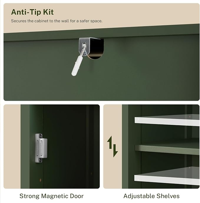 TEENFON Tall Bathroom Cabinet, Storage Cabinet with 6 Shelves & Drawer, Bathroom Storage Cabinet with Adjustable Shelves, Tall Cabinet for Living Room, Home Office, Green