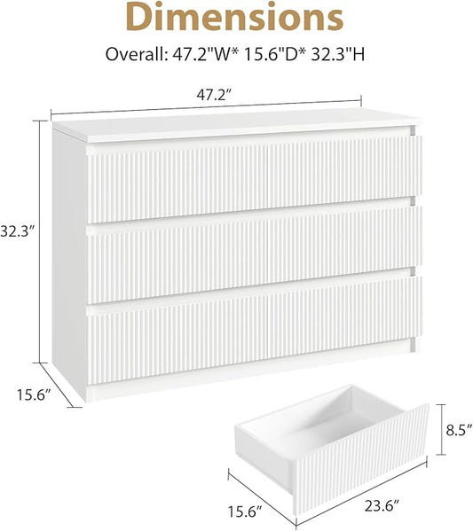 Jocoevol 6 Drawer Fluted Dresser, Modern Chest of Drawers for Bedroom with Hidden Handles, Wood Storage Organizer Cabinet for Living Room & Entryway, White (15.7" D x 47.3" W x 31.6" H)