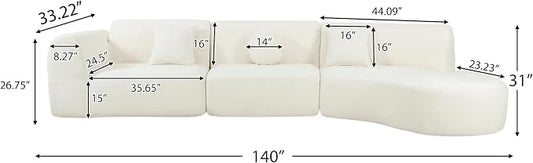 Merax 140" Curved Polyester Sectional Sofa Set, Modern Cloud Couch with Chaise Lounge & 3 Pillows, Fully Assembled for Living Room, Beige