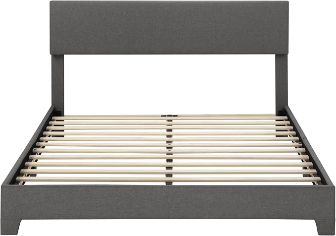SHA CERLIN Linen Upholstered Queen Size Bed Frame with Headboard, Dark Gray | Adjustable Low-Profile Platform Bed, Minimalist Design, Stable Mattress Foundation, Strong Back-Support, No Box Spring Needed