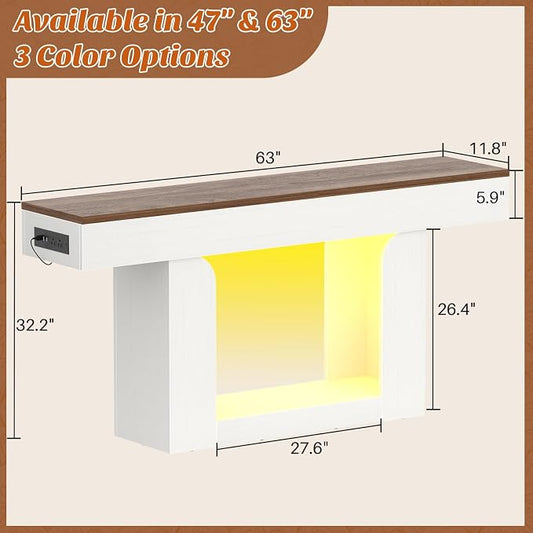 Homieasy Console Table, 63" Entryway Table with LED Lights & Charging Station, Farmhouse Wooden Sofa Table Behind Couch, Narrow Hallway Table for Living Room, Foyer, Entry, Antique White & Brown