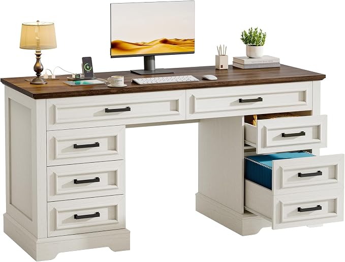 58" Executive Desk with 7 Drawers, Large Computer Desk with Charging Station , Wood Home Office Desk with File Drawer for Letter/A4 Size Hanging Files for Home Office, Rustic White and Rustic Brown