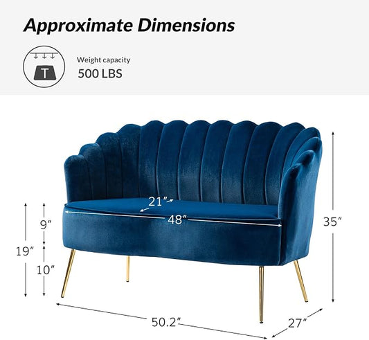 Velvet Upholstered Loveseat Sofa with Gold Metal Legs, Modern Comfy Small Love Seat with Flower Shaped Back, 2-Seater Sofa Accent Couch for Living Bedroom Leisure Areas