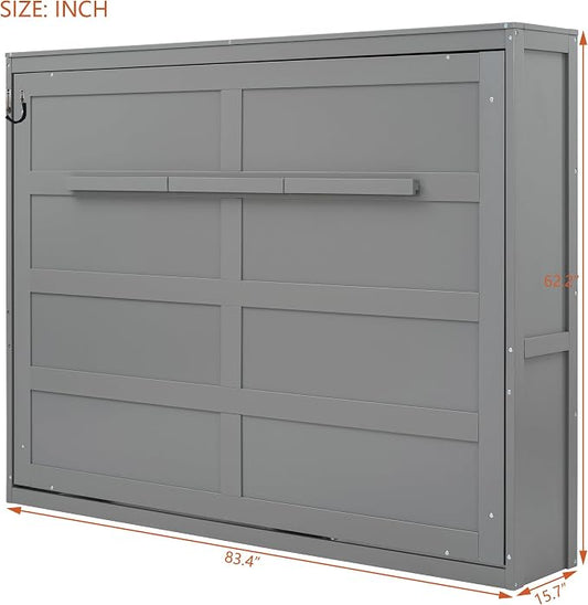 Merax ModernMurphy Cabinet Bed, Solid Wood Wall Platform Bed/No Box Spring Needed/Easy Assemble/Full,Gray