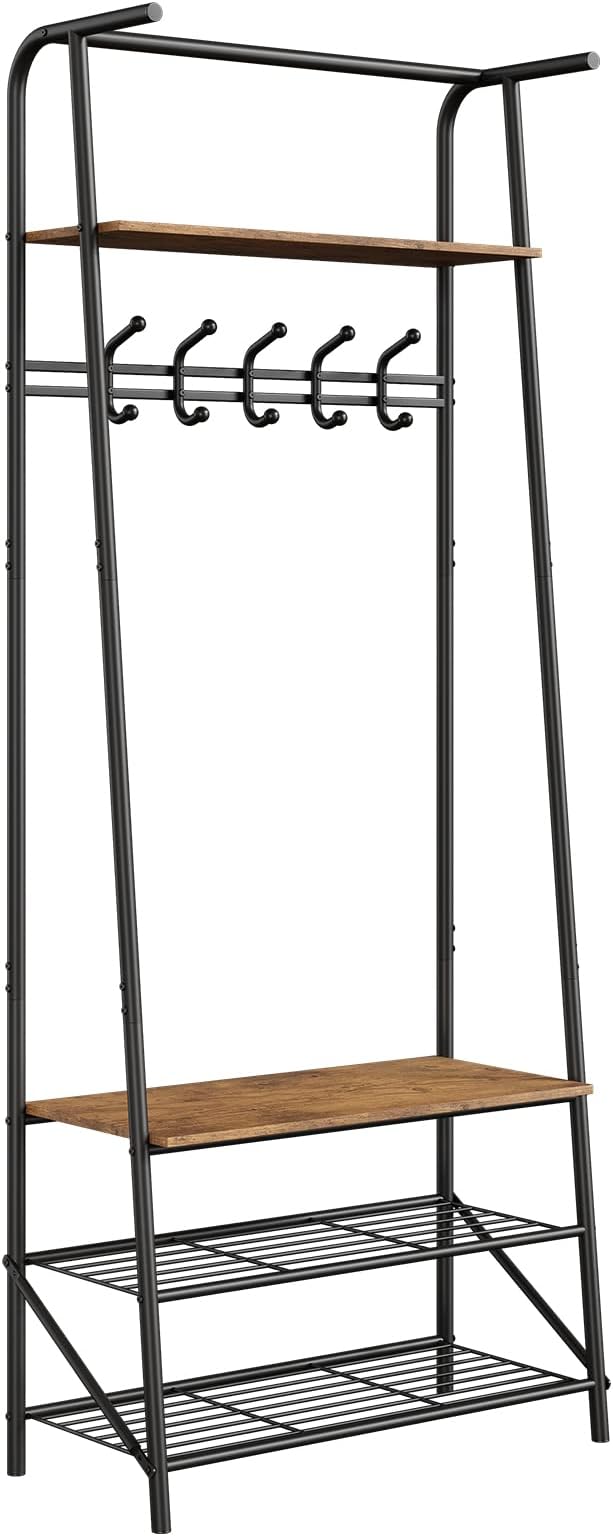 IDEALHOUSE Coat Rack Shoe Bench with 5 Hooks, Hall Trees Entryway Bench with Storage, Multifunctional Hallway Organizer, Wood Look Accent Furniture with Metal Frame for Entryway, Living Room, Bedroom