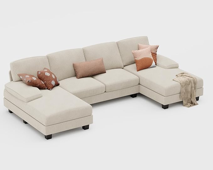 Furniwell Convertible Sectional Sofa Couch, 4 Seat Sofa Set for Living Room U-Shaped Modern Fabric Modular Sofa Sleeper with Double Chaise & Memory Foam (Corduroy, Beige)