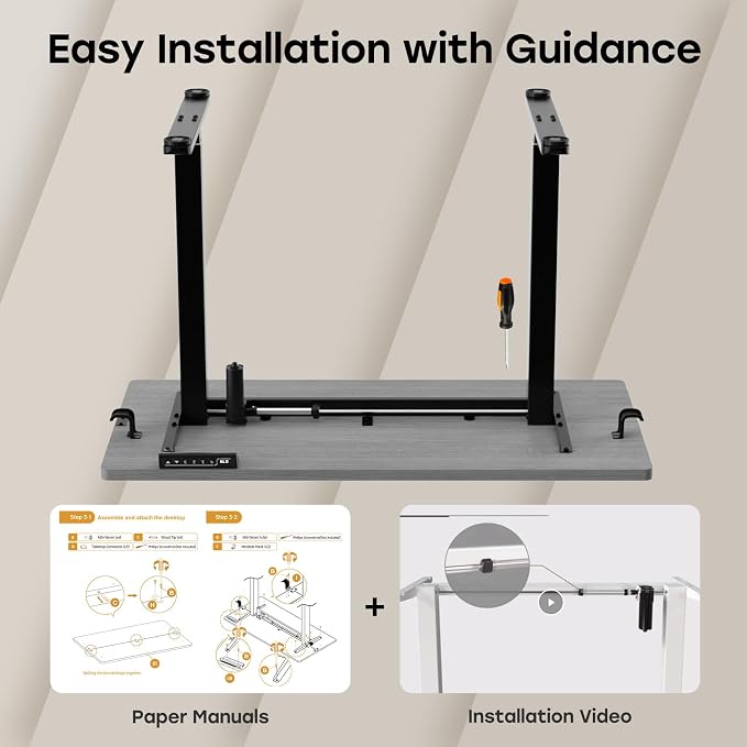 Grey Electric Standing Desk, 48 X 24 Inch Adjustable Height Table, Sit Stand Desk with 2 Hooks, Ergonomic Rising Workstation with Splice Board
