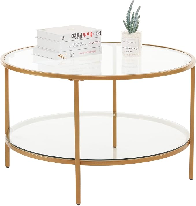VINGLI Glass Coffee Table,30" Round Coffee Table Gold Coffee Tables for Living Room,2-Tier Glass Top Coffee Table with Storage Clear Coffee Table,Simple & Modern Center Table Mesa de Centro para Sala