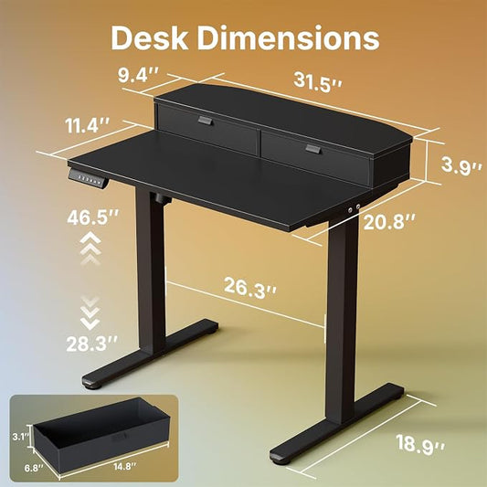 HUANUO 32" X 21" Electric Standing Desk with 2 Drawers, C-Clamp Mount Compatible, Height Adjustable Computer Desk, Home Office Stand Up Desk with 4 Preset Heights & 2 Hooks, Black