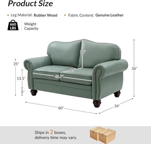 60" Wide Genuine Leather Chesterfield Loveseat, 2 Seat Leather Sofa with Rolled Arms, Nailhead Trim for Living Room Furniture, Easy Assembly – Sage