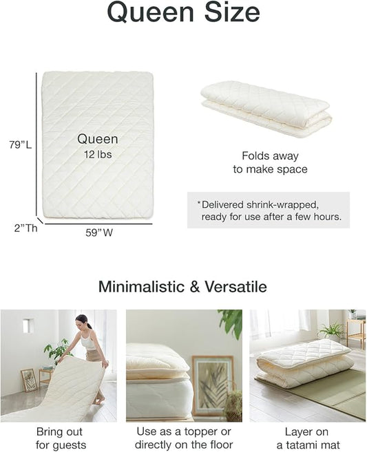 FULI Japanese Futon, Queen Size, White - Foldable Shikibuton Floor Bed - Medium Firm Quilted Cotton Sleeping Pad, Portable Roll-Up Japanese Floor Bed for Guests & Small Spaces