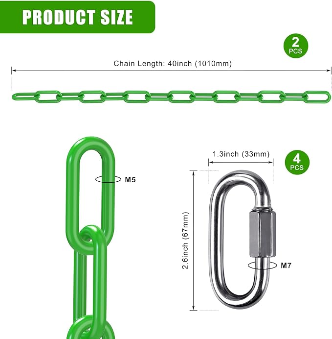 2Pcs 40" Heavy Duty Hanging Chains with Carabiners 1000 LBs Capacity Swing Extension Chain with Hooks Hammock Chains Green Coated Chain for Hanging Chair, Punching Bags, Swing Chair, Egg Chairs