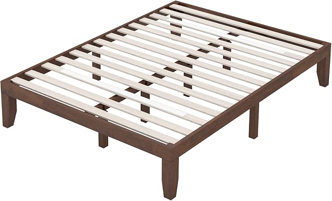 COSTWAY Wood Platform Bed Frame, 14 Inches Solid Rubber Wood Bed Mattress Foundation with Sturdy Slats Support, Easy Assembly Bed Frame for Home Hotel, No Box Spring Needed (Walnut, Queen)