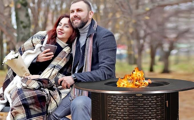 Fire Sense 62373 Florence Woven Aluminum Convertible Gas Fire Pit Table 55,000 BTU Multi-Functional Outdoor with Fire Bowl Lid, Nylon Weather Cover & Clear Fire Glass - Bronze Finish - Round - 44"