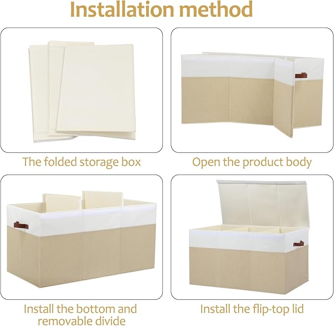 Gowee Extra Large Toy Storage Box with Lid, Sturdy Toys Storage Chest Bin Organizer Basket with Dividers for Kids, Boys, Girls, Nursery, Closet, Bedroom, Playroom 35.5"x17" x17" (Beige and White)