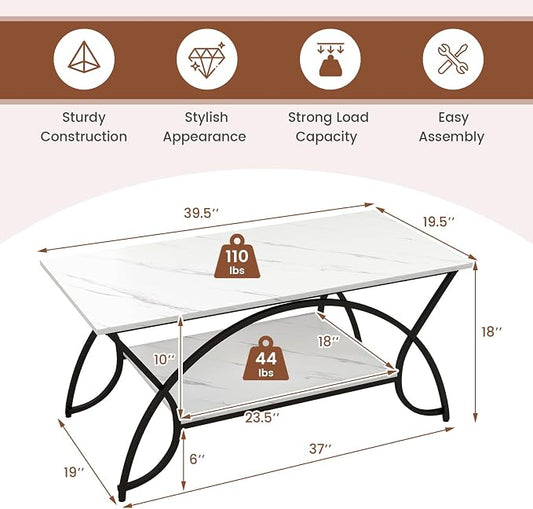 Giantex 2-Tier Rectangular Coffee Table, Faux Marble Table with Open Storage Shelf, Black Finished Metal Frame, Modern Center Table for Living Room, Reception Room (White+Black)