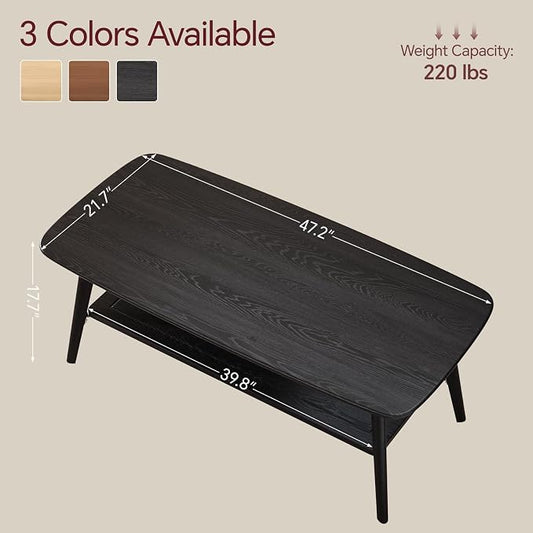 Coffee Table Small Solid Wood Center Table Mid Century Vintage Living Room Coffee Table, (Black 47.24 Inch)