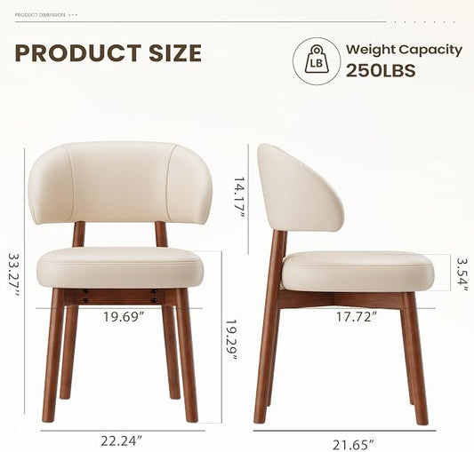 MALOL Wooden Dining Chairs Set of 2, Modern Upholstered Dining Room Chair, PU Leather Kitchen Side Chairs with Curved Open Back for Living Room/Restaurant/Cafe, Beige