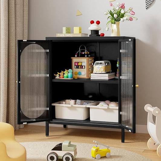 2 Translucent Door Metal Accent Storage Cabinet for Home, Living Room, Office Room,Kitchen-Metal Locker Cabinet with 1 Adjustable Shelves-2-Tier (Black)