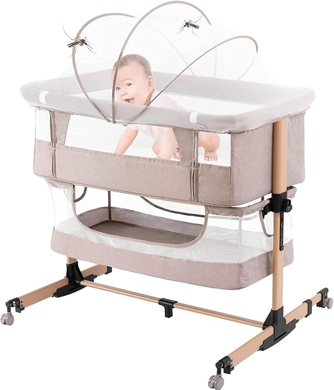 Soobaby Baby Crib Baby Bassinet Bedside Crib Adjustable Portable Bed for Infant,co Sleeping Bassinet Newborn Must Have Bed (Beige)