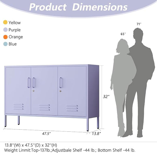 Purple Wide Metal Storage Cabinet, 32" H Heavy Duty Steel Locker with Lock, 2 Adjustable Shelves & Ventilated Doors for Home Office Kitchen Living Room