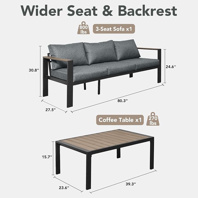 Patio Furniture Set 3 Seats Sofa and Coffee Table All-Weather Patio Sofa with Washable Thick Cushions, Deluxe Aluminum Modern Outside Sectional for Porch, Balcony, Deck, Yard, Light Gray