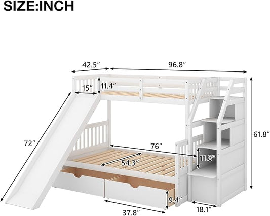 RUNNA Twin Over Full Bunk Bed with Slide,Storage Drawers,Play House, White | Twin over full bunk bed with slide,storage,ladder,play house design,solid wood frame,guardrails,no box spring needed,White