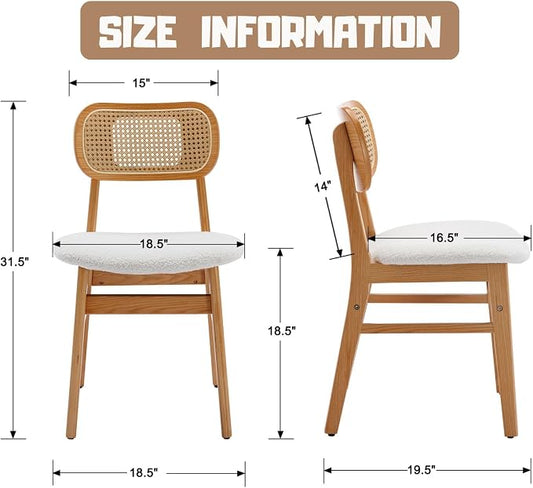 ROCITY Rattan Dining Chairs Set of 6 White Lambswool Dining Room Chairs Natural Wooden Kitchen Chairs Farmhouse