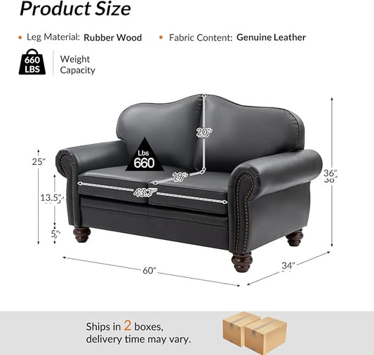 60" Wide Genuine Leather Chesterfield Loveseat, 2 Seat Leather Sofa with Rolled Arms, Nailhead Trim for Living Room Furniture, Easy Assembly – Black