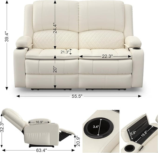 Yolsali Loveseat Recliner Sofa, Manual Reclining Loveseat with Removable Armrest, PU Leather Double Recliner for RV with 2-Tier Cushions, USB Charging Ports, Cup Holders - Ivory White