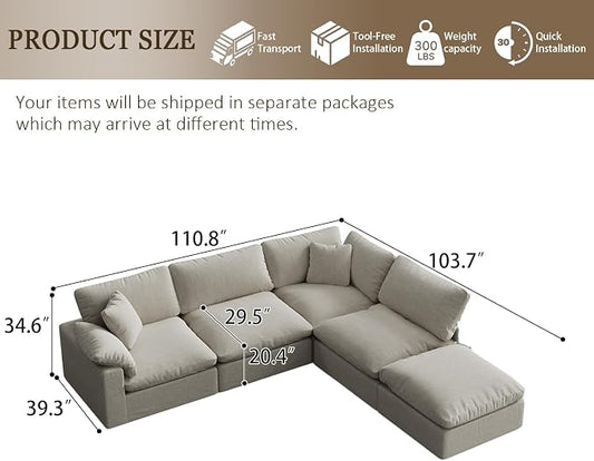 143" Cloud Modular Sectional Sofa,Light Beige Down Filled Sofa 4 Seat with Chaise,Minimalist Sofa Cover Washable and Replaceable Couches for Living Room,Sectional Sofa Deep Seat