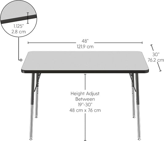 FDP Rectangle Activity School and Office Table (30 x 48 inch), Standard Legs with Swivel Glides, Adjustable Height 19-30 inches; Quick Ship Single Box - Gray Top and Black Edge