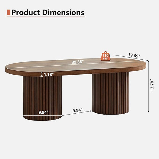 Oval Fluted Coffee Table, Farmhouse Wood Coffee Table Mid Century Modern Center Table Boho Living Room Tables for Living Room Office (Walnut, 19.69" D x 39.38" W x 13.78" H)
