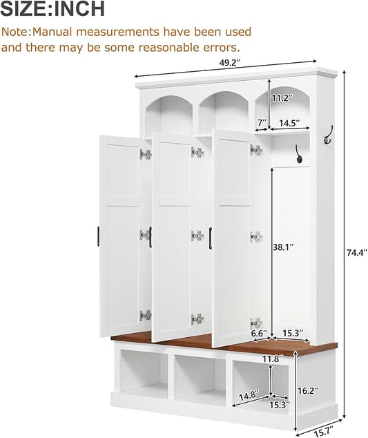 Merax Classic Arched Hall Tree with 3 Hidden Storage, Farmhouse Mudroom Bench with 5 Hooks, Mid-Century Entryway Organizer for Shoes, White