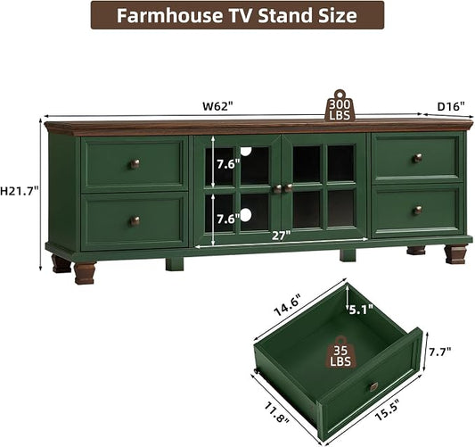 SAVOR LIFE Farmhouse TV Stand for Living Room, Rustic Green Entertainment Center with Storage Cabinet,Wood TV Console with 4 Drawers,Modern TV Stands for Bedroom,Green