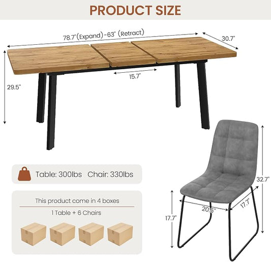 Extendable Dining Table Set for 6 to 8 People, 63" to 78.7" Modern Kitchen Table Set with 6 Chairs, MDF Dining Room Table and Chairs with Removable Extension Leaf (Walnut Table+U-Shaped Grey Chairs)