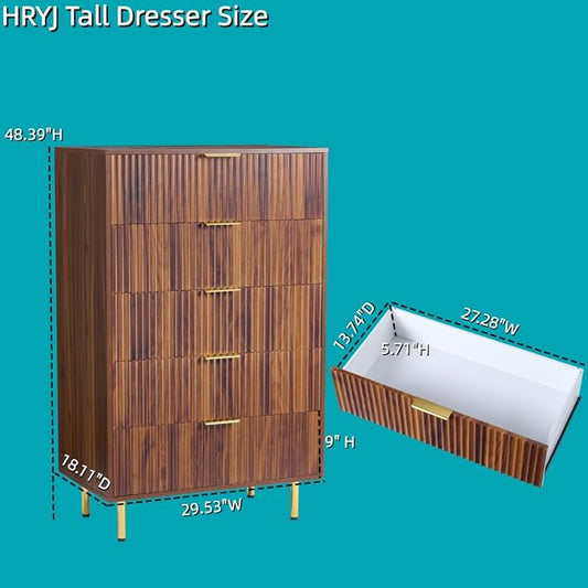48" Tall Dresser for Bedroom with 5 Drawers, Mid Century Modern Wood Chest of Drawers, 30" Wide Fluted Closet Clothes Storage Organizer Dressers for Living Room, Hallway, Dark Walnut