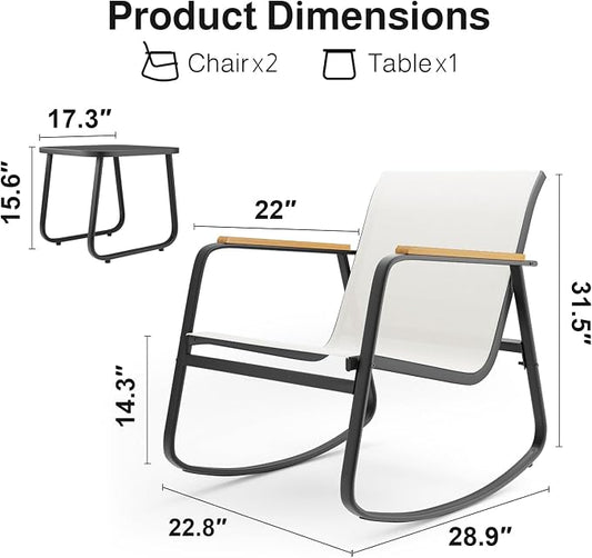 Aiho 3-Piece Patio Furniture Set, Outdoor Furniture with Textilene Fabric Rocker Chairs with Coffee Table, Patio Bistro Sets for Garden, Balcony, Poolside(White)