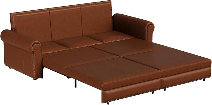 93.7" King Size Sleeper Sofa Bed, Pull Out Sofa Bed, Faux Leather Upholstery, 3 in 1 Convertible Sleeper Couch, Chaise Lounge, Retro Recliner for Living Room, Office, Apartment, Light Brown