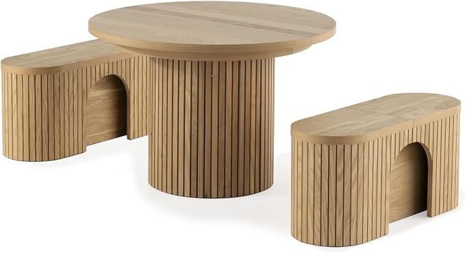 Transformer Table - Solid Wood Extendable Round Dining Table Set with 2 Benches, Seats 4-10, Extendable Round Dining Set, Bench with Panel Storage, Natural (Table + 2 Benches)
